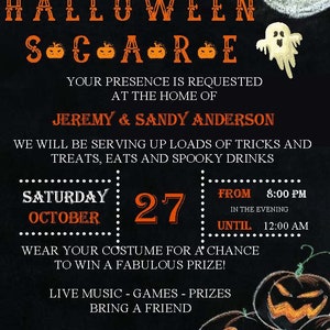 May include: Black Halloween party invitation with orange text and pumpkin illustrations. The invitation reads "Join us if you dare for a Halloween Scare" and includes event details like date, time, and location.