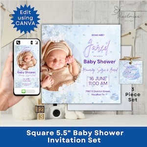 Faire-part de baby shower carré, bleu floral, invitation de baby shower, modèle numérique modifiable sur toile, porte-image pour bébé moderne, impression de carte de douche