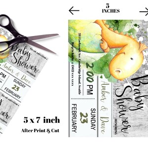 May include: A baby shower invitation with a watercolor illustration of a yellow dinosaur hatching from an egg. The invitation is printed on a woodgrain background and includes the text "Baby Shower" in gold lettering. The invitation is 5x7 inches after printing and cutting.