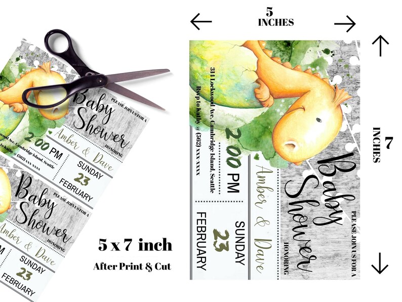 May include: A baby shower invitation with a watercolor illustration of a yellow dinosaur hatching from an egg. The invitation is printed on a woodgrain background and includes the text "Baby Shower" in gold lettering. The invitation is 5x7 inches after printing and cutting.