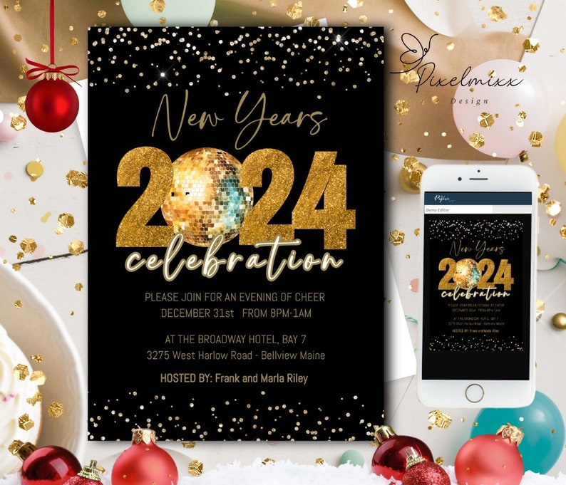 EDITABLE New Year's Eve Invitation, NYE Gold Glitter Invite, Printable