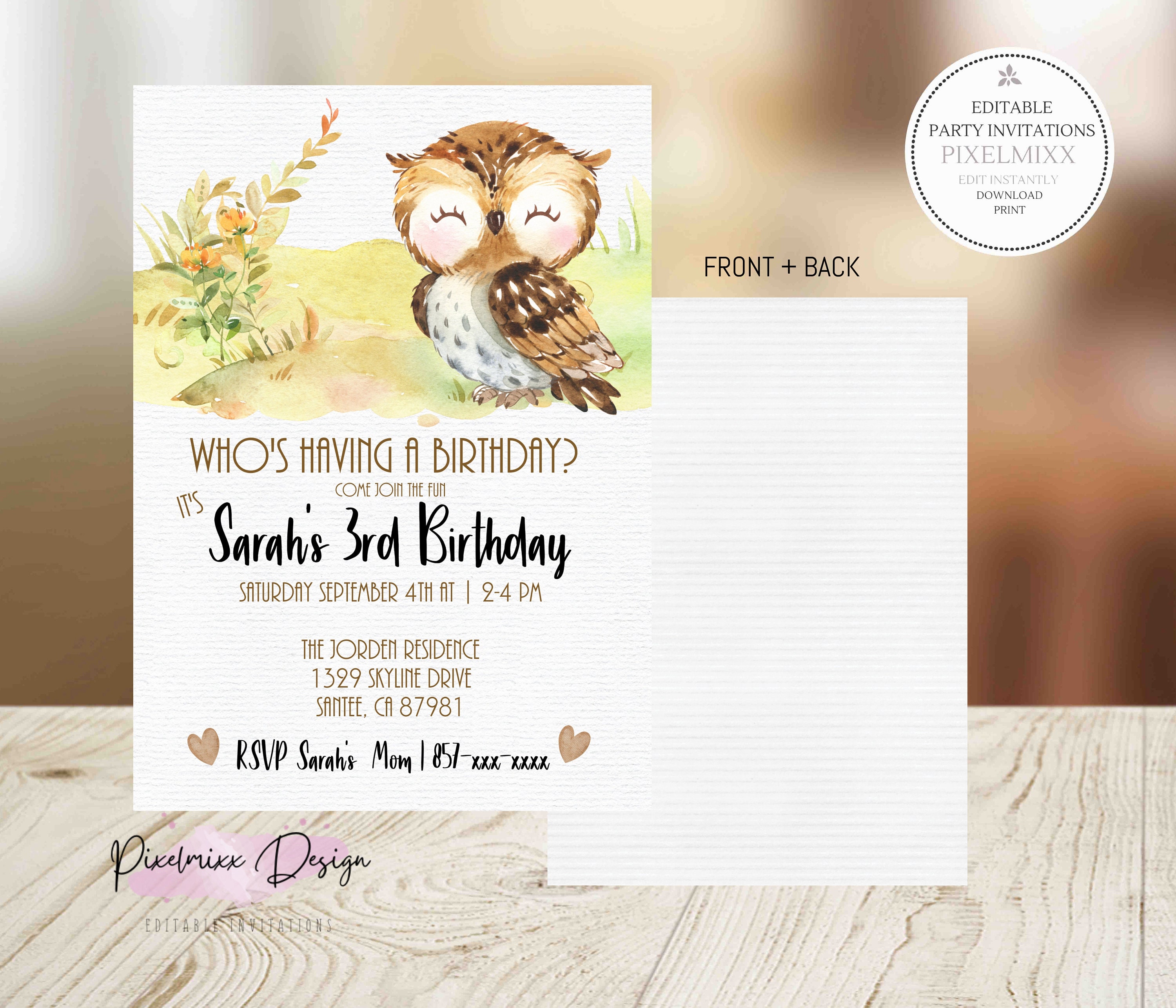 Owl Themed Birthday Party Invitation Template | Edit and Print Instantly |  Can Be Edited to Work for Any Party | Text-email-print | 5 X 7 - Etsy, image size:3000x2571