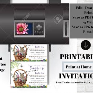 Puede incluir: Invitaci&oacute;n imprimible para una b&uacute;squeda de huevos de Pascua. La invitaci&oacute;n presenta un conejo sosteniendo una cesta de huevos coloridos. El texto dice "Por favor, &uacute;nase a nosotros para una b&uacute;squeda de huevos de Pascua Hop On Over To Our Neighborhood Gathering Domingo, 1 de abril, 10:00 AM [Ubicaci&oacute;n] Traiga una cesta para la b&uacute;squeda de huevos Ni&ntilde;os de 12 a&ntilde;os o menos"