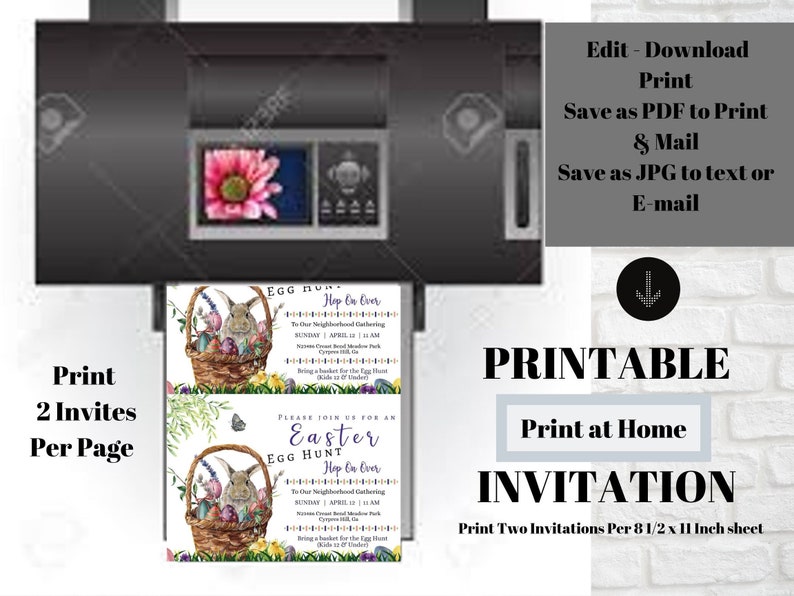 Puede incluir: Invitaci&oacute;n imprimible para una b&uacute;squeda de huevos de Pascua. La invitaci&oacute;n presenta un conejo sosteniendo una cesta de huevos coloridos. El texto dice "Por favor, &uacute;nase a nosotros para una b&uacute;squeda de huevos de Pascua Hop On Over To Our Neighborhood Gathering Domingo, 1 de abril, 10:00 AM [Ubicaci&oacute;n] Traiga una cesta para la b&uacute;squeda de huevos Ni&ntilde;os de 12 a&ntilde;os o menos"