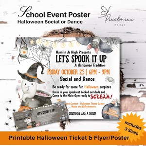 EDITABLE School Halloween Event Flyer & Social Poster + Halloween Ticket Includes 3 Sizes, Easy To Edit and Print Instantly After Purchase