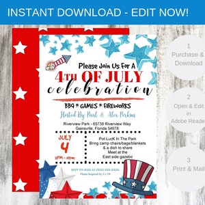 4. Juli Einladungen, bearbeitbare Party Einladungsvorlage. Digital druckbare Invite, 4. Juli Feier BBQ - INSTANT DOWNLOAD