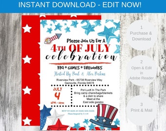 4th of July Invitations, Editable Party Invitation Template. Digital Printable Invite, 4th of July Celebration BBQ - INSTANT DOWNLOAD