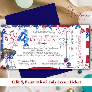 4. Juli Event-Karte, benutzerdefinierte Ticketvorlage, diese bearbeitbaren Party-Karten sind einfach zu bearbeiten und sofort mehrere pro Seite zu drucken!