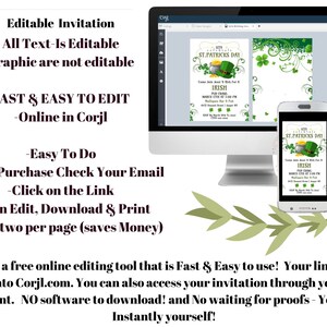 May include: A computer monitor and smartphone display a St. Patrick's Day invitation design. The invitation features green shamrocks, a pot of gold, and a leprechaun hat. Text on the screen reads "Irish Pub Crawl". Additional text describes the invitation as editable.