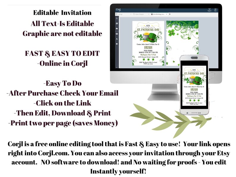 May include: A computer monitor and smartphone display a St. Patrick's Day invitation design. The invitation features green shamrocks, a pot of gold, and a leprechaun hat. Text on the screen reads "Irish Pub Crawl". Additional text describes the invitation as editable.