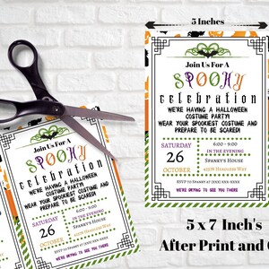 May include: Halloween party invitation, 5 x 7 inches after print and cut. The invitation features a spooky theme with bats and decorative borders. The text reads "Join Us For A Spooky Celebration" with event details.