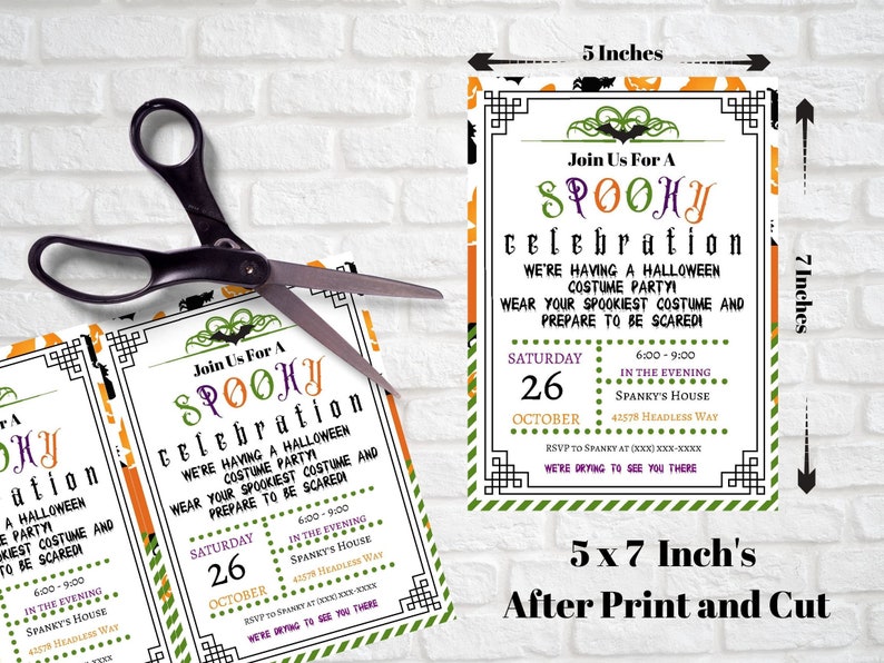 May include: Halloween party invitation, 5 x 7 inches after print and cut. The invitation features a spooky theme with bats and decorative borders. The text reads "Join Us For A Spooky Celebration" with event details.