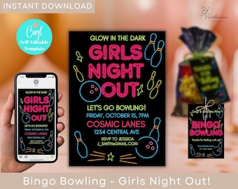 Bingo Bowling Game Girls Night Out Party Idea Neon Bowling Printable Game Favor Tags Welcome Sign Editable Party Set Corjl Template Download