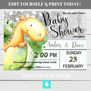 May include: A printable baby shower invitation with a cartoon dinosaur hatching from an egg. The invitation is decorated with green and white watercolor accents. The text on the invitation reads "Baby Shower" honoring "Amber & Dave" on "Sunday, February 23rd at 2:00 PM".