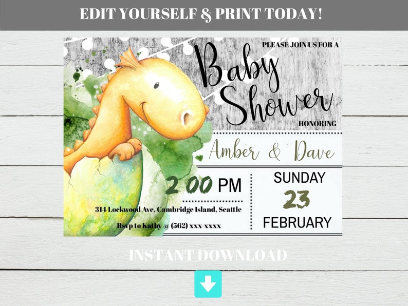 May include: A printable baby shower invitation with a cartoon dinosaur hatching from an egg. The invitation is decorated with green and white watercolor accents. The text on the invitation reads "Baby Shower" honoring "Amber & Dave" on "Sunday, February 23rd at 2:00 PM".