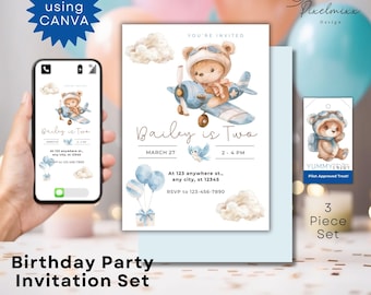 Invitación de cumpleaños de oso aviador: tema de avión, plantilla editable de Canva (descarga digital)