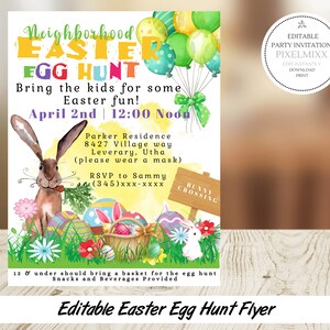 Puede incluir: Una invitación a una búsqueda de huevos de Pascua en el vecindario. La invitación presenta una ilustración de acuarela de un conejo, huevos de Pascua y una cesta. El texto dice "Neighborhood Easter Egg Hunt, Bring the kids for some Easter fun! April 2nd | 12:00 Noon, Parker Residence 8427 Village way Leverary, Utha (please wear a mask) RSVP to Sammy (345)xxx-xxxx, 12 & under should bring a basket for the egg hunt Snacks and Beverages Provided, Editable Easter Egg Hunt Flyer".