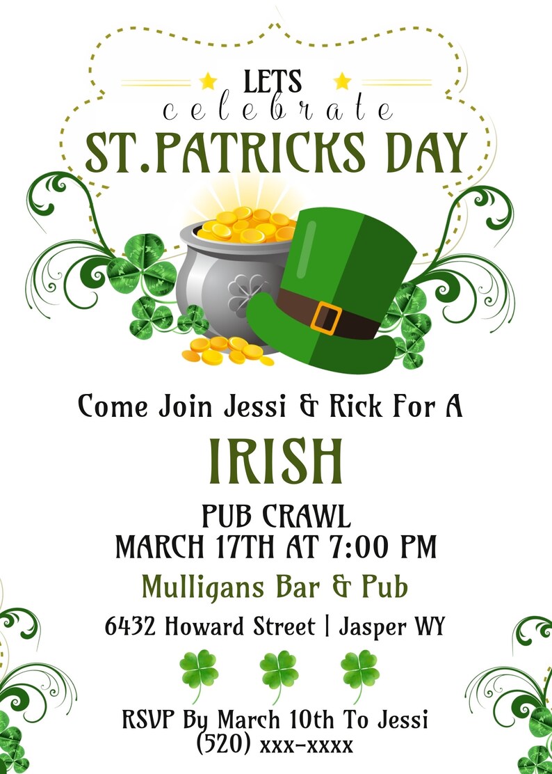 May include: St. Patrick's Day invitation with a green leprechaun hat, a pot of gold, and shamrocks. The invitation text reads "Let's Celebrate St. Patrick's Day" and details an Irish pub crawl.