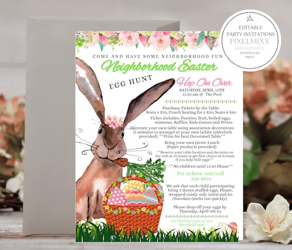 Neighborhood Easter Egg Hunt Invitation: Editable Printable (PDF)