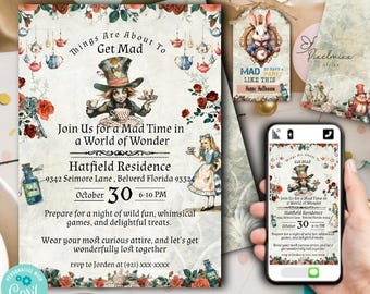 Editable Wonderland Party Invitation Set is a Printable Whimsical Invite Instant Download, DIY Tea Party, Bridal Shower, Birthday, Halloween