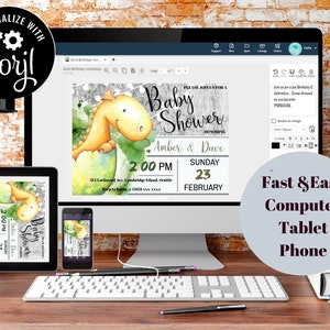 May include: A digital mockup of a baby shower invitation featuring a cartoon dinosaur with a green and yellow color scheme. The invitation text reads "Please join us for a Baby Shower honoring Amber & Dave, Sunday, February 23, 2:00 PM". The invitation is displayed on a computer, tablet, and phone.