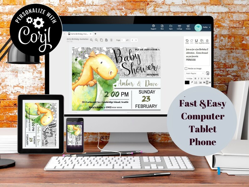 May include: A digital mockup of a baby shower invitation featuring a cartoon dinosaur with a green and yellow color scheme. The invitation text reads "Please join us for a Baby Shower honoring Amber & Dave, Sunday, February 23, 2:00 PM". The invitation is displayed on a computer, tablet, and phone.