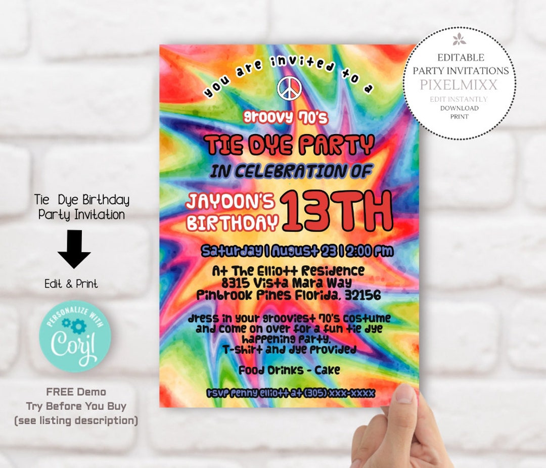 Tie Dye Party Invitation, Editable Invitation Template, Printable ...