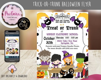 May include: A purple and yellow Halloween flyer with a bat and moon design. It's a Treat or Trunk event at Winton Elementary School on October 30th from 2:00 to 3:00 pm. The address is 29654 Valley View Road, Springdale, WA. Parents are welcome and there will be games, snacks, and treats. For more details, call (209) xxx-xxxx.