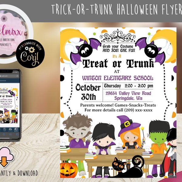 Editable Halloween Party Flyer, Kids Trick-or-Trunk Halloween Flyer Template, School Halloween Party Invite, Easy To Edit and Print Today!