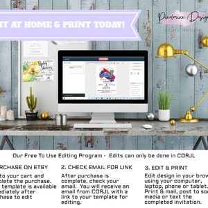 May include: A computer screen displaying a baby shower invitation template with a blue truck and a red, white, and blue paint splatter design. The text on the invitation reads "Baby Shower". The text "Edit at Home & Print Today!" is displayed in a purple banner at the top of the image. The text "Our Free To Use Editing Program - Edits can only be done in CORJL" is displayed below the computer screen. The text "1. Purchase on Etsy", "2. Check Email for Link", and "3. Edit & Print" is displayed below the text "Our Free To Use Editing Program - Edits can only be done in CORJL".