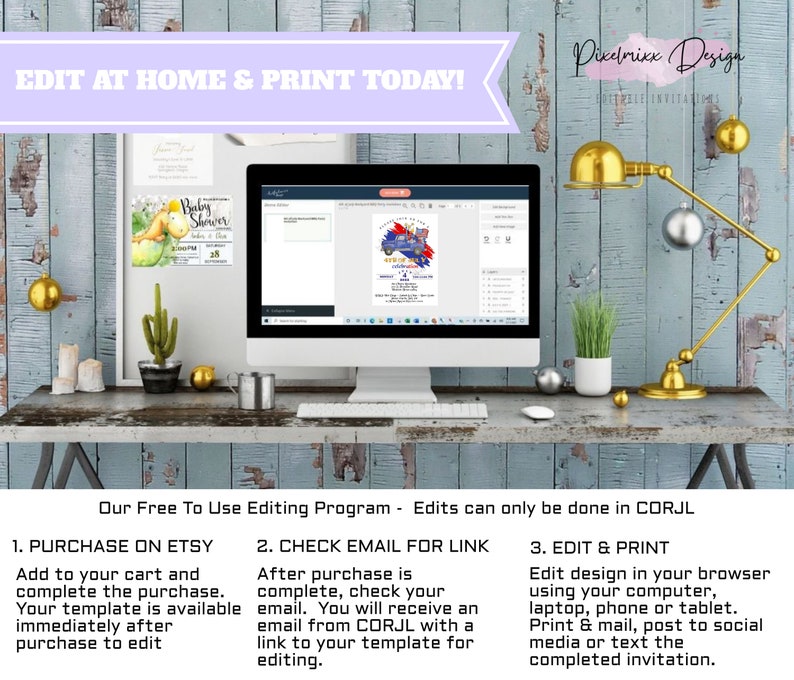 May include: A computer screen displaying a baby shower invitation template with a blue truck and a red, white, and blue paint splatter design. The text on the invitation reads "Baby Shower". The text "Edit at Home & Print Today!" is displayed in a purple banner at the top of the image. The text "Our Free To Use Editing Program - Edits can only be done in CORJL" is displayed below the computer screen. The text "1. Purchase on Etsy", "2. Check Email for Link", and "3. Edit & Print" is displayed below the text "Our Free To Use Editing Program - Edits can only be done in CORJL".