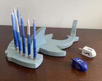 Contemporary Hanukkah Menorah, Whimsical Original Design Menorah, Modern Handmade Wood Hammerhead Shark Menorah, Kids Menorah, Judaica Gift