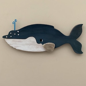 Rustic Handmade Wall-Hanging Wooden Blue Whale, Medium-Sized Coastal Art, Seaside Whale Art, Wooden Whale Nautical Folk Art, 19.5 inches