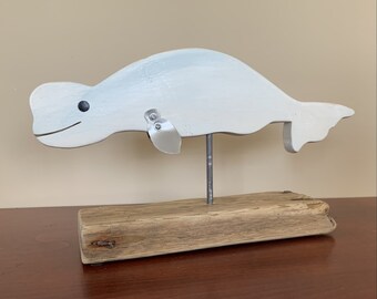 Small Handmade Desktop Wooden Beluga Whale, Rustic Seaside Nautical Folk Art, Coastal Art Sculpture, Beach House Decor, Whale Art