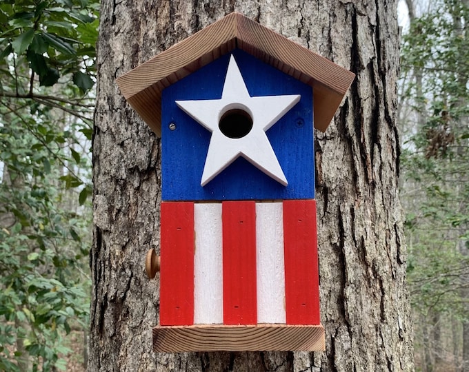 Handmade Rustic Americana Folk Art Birdhouse, Cedar and Oak Bird House, Patriotic Nesting Box, Modern Wooden Birdhouse, Artistic Bird Box