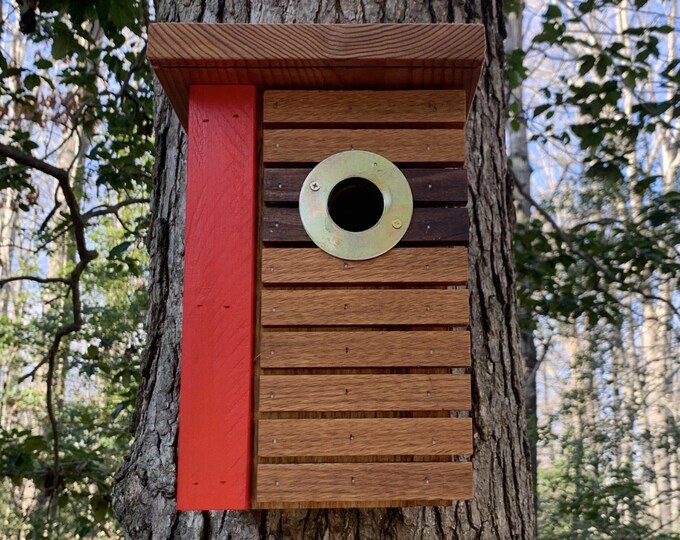 Handmade Rustic Modern Artistic Birdhouse, Contemporary Wooden Bird Box, Functional Cedar and Oak Bird Nesting Box, Urban Bird Loft