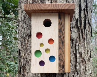 Cabane d'oiseaux du milieu du siècle artistique moderne, rustique, faite main, nichoir en bois, grenier à oiseaux urbain, cabane d'oiseaux décorative contemporaine