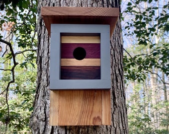 May include: A wooden birdhouse with a gray painted front and a multi-colored wood panel with a round hole in the center. The birdhouse is mounted on a tree trunk.