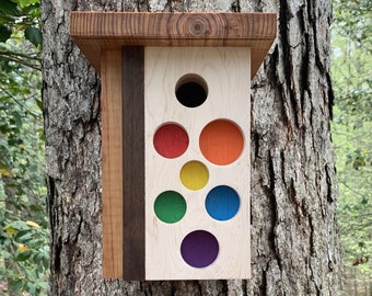 Cabane d'oiseaux du milieu du siècle artistique moderne, rustique, faite main, nichoir en bois, grenier à oiseaux urbain, cabane d'oiseaux décorative contemporaine