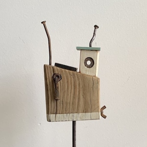Small Whimsical Handmade Fishing Boat, Marine Recycled Art Driftwood Fishing Boat, Coastal Boat Ornament, Seaside Driftwood Boat on Stand