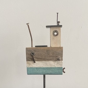 Small Whimsical Handmade Fishing Boat, Marine Recycled Art Driftwood Fishing Boat, Coastal Boat Ornament, Seaside Driftwood Boat on Stand