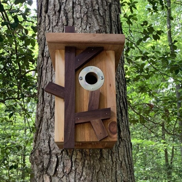 Handmade Rustic Modern Artistic Wooden Birdhouse, Unique Architectural Garden Art, Functional Bird Nesting Box, Backyard Birdhouse Decor
