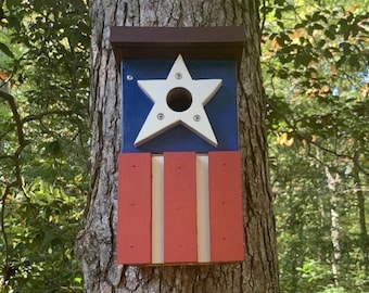 Handmade Rustic Modern Artistic Americana Bird Box, American Flag Bird Nesting Box, Original Design Patriotic Birdhouse, Backyard Garden Art