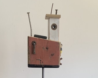 Small Whimsical Handmade Fishing Boat, Marine Recycled Art Driftwood Fishing Boat, Coastal Boat Ornament, Seaside Driftwood Boat on Stand