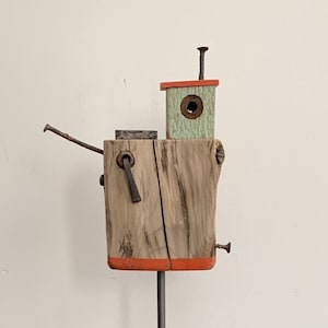 Small Whimsical Handmade Fishing Boat, Marine Recycled Art Driftwood Fishing Boat, Coastal Boat Ornament, Seaside Driftwood Boat on Stand