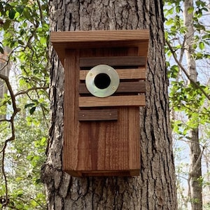 Handmade Rustic Modern Artistic Bird Box, Cedar and Oak Slats Bird Nesting Box, Contemporary Mid-Century Architectural Garden Art Bird House