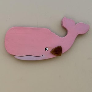 Small Handmade Wall-Hanging Wooden Sperm Whale, Fun Pink Whale, Coastal Decor Nautical Folk Art, Beach House Decor, 14.5 inches