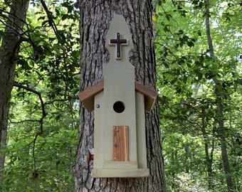 Handmade Rustic Country Church Birdhouse, Vintage Medium-Sized Nesting Box, Indoors-Outdoors Decorative Bird Box, Unique Backyard Garden Art
