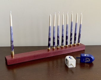 Minimalist Mid-Century Purpleheart Hardwood Menorah, Small Handmade Retro-Modern Judaica Menorah, Kosher Design, Jewish Holiday Centerpiece