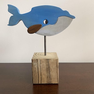 Small Handmade Whimsical Desktop Baby Blue Whale on Driftwood Stand, Rustic Nautical Folk Art, Coastal Art Sculpture, Beach House Decor